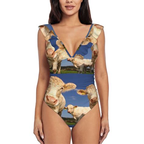 JUNZAN Ruffle One Piece Swimsuits for Women V Neck Cows Cattles Print