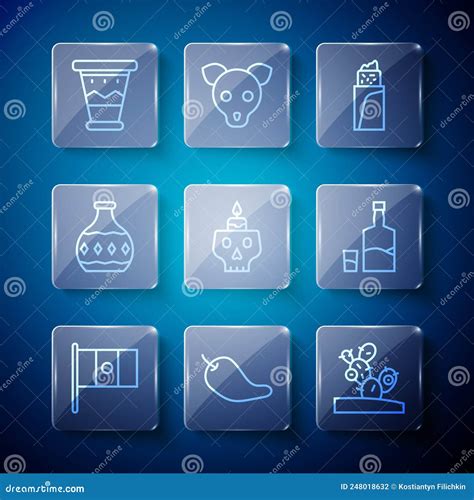 Set Line Mexico Flag Hot Chili Pepper Pod Cactus Burrito Burning Candle On Skull Tequila