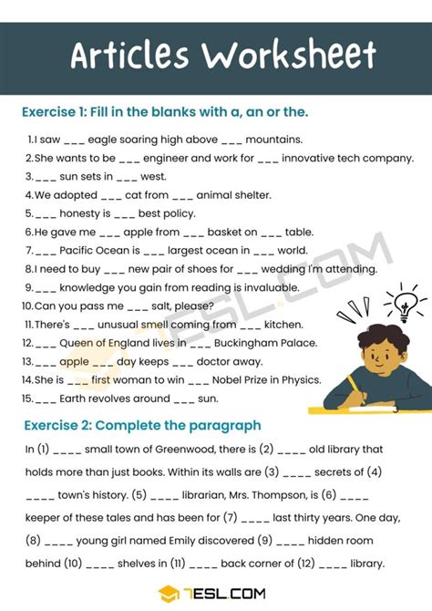 Articles Worksheet Articles Exercises • 7esl