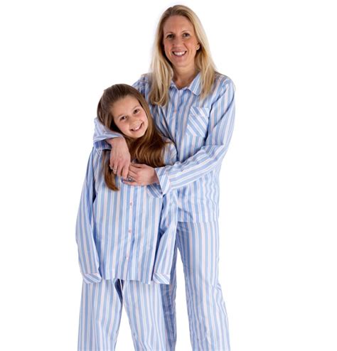 Girls Pyjamas In Fine Cotton Pale Blue And Pink Stripe The Pyjama House