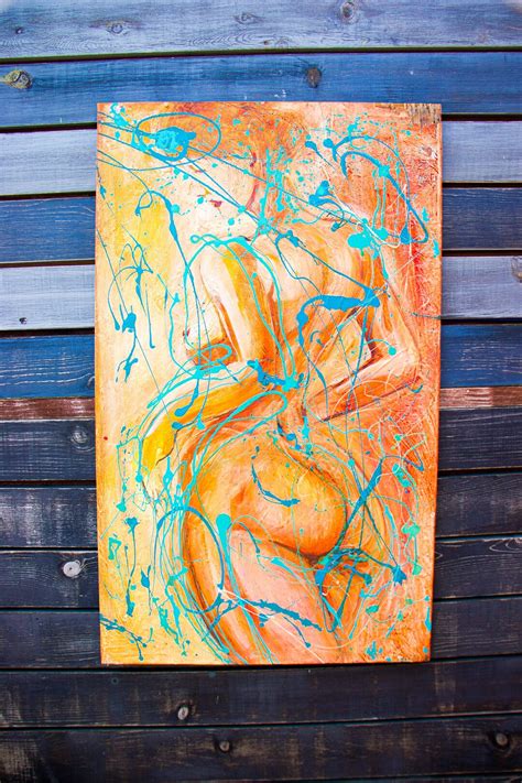 Hot Nude Naked Portrait Of Curvy Thick Girl In Orange Blue Yellow And Red Acrylic Painting