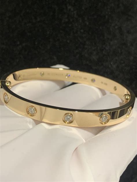 Cartier Love Bangle Bracelet 18k Yellow Gold With Ten Diamonds R