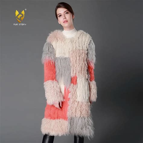 Fur Story 161199d Women Real Lamb Fur Coat Knitted Long Jacket Real