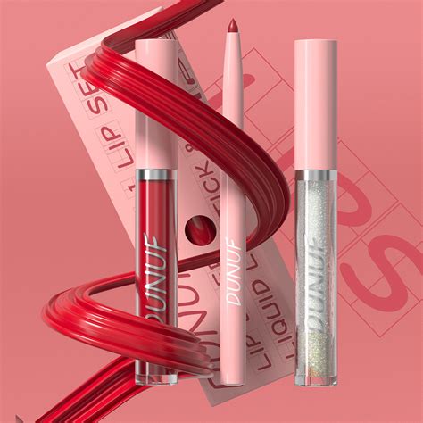 DUNUF Pc Box Rose Pink Matte Lipstick Set Nude Brown Lip Liner Pencil