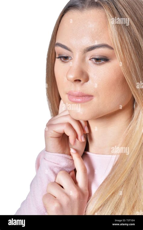 Beautiful Blonde Woman Posing Close Up Portrait Stock Photo Alamy