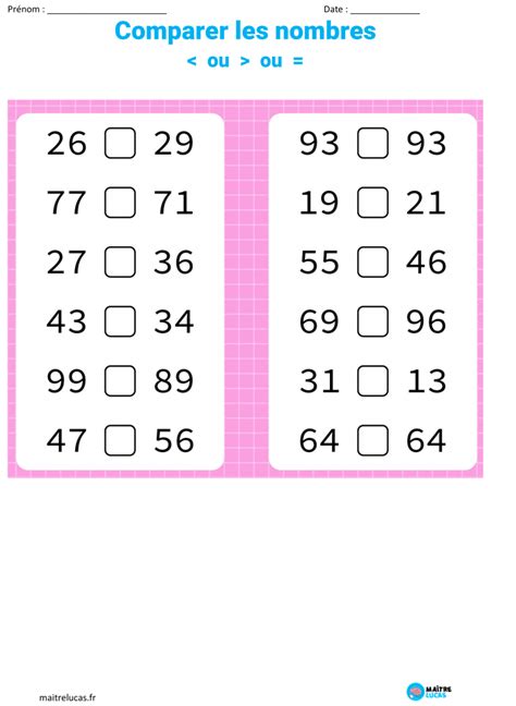Fiches Comparer Les Nombres Des Exercices Pour Cp Ce Ma Tre Lucas