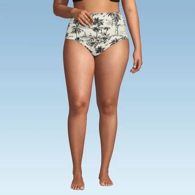 Lands End Women S Plus Size Pinchless High Waisted Bikini Bottoms W Egret White Tropical