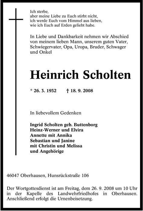 Traueranzeigen Von Heinrich Scholten Trauer In Nrw De