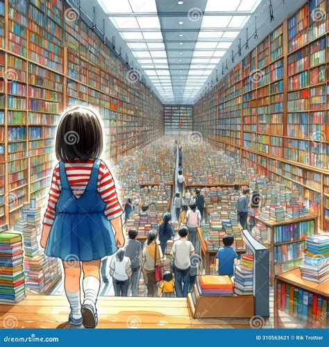 Child In Awe At The Number Of Books Stock Illustration Illustration