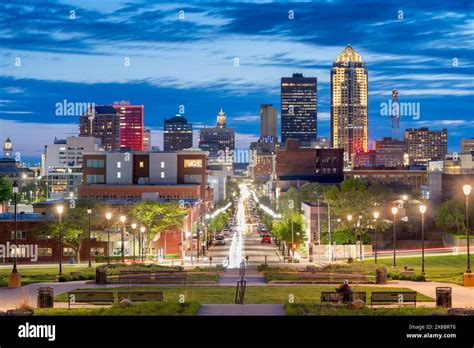 Des Moines Iowa Usa Downtown City Skyline At Blue Hour Stock Photo