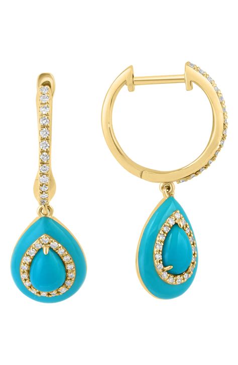 EFFY 14K Yellow Gold Diamond & Turquoise Teardrop Huggie Hoop Earrings