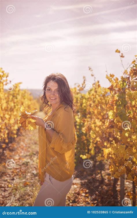 Beautiful Brunette Relaxes In Leaves Near A Tree Stock Image Image Of Cute Dream 102533865