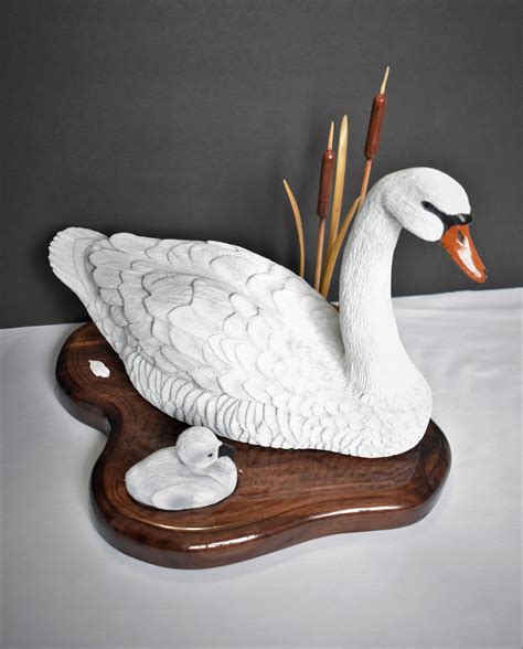 Hand Carved Hand Painted Wooden Swan Carving Wildlife Carving Decor