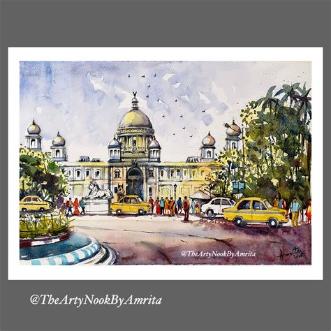 Kolkata Cityscape Watercolor Painting Victoria Memorial Calcutta Yellow