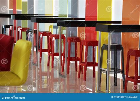 Multi Colored Bar Stools In A Colorful Interior Stock Image Image Of