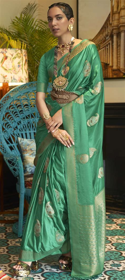 Traditional Wedding Green Color Satin Silk Silk Fabric Saree