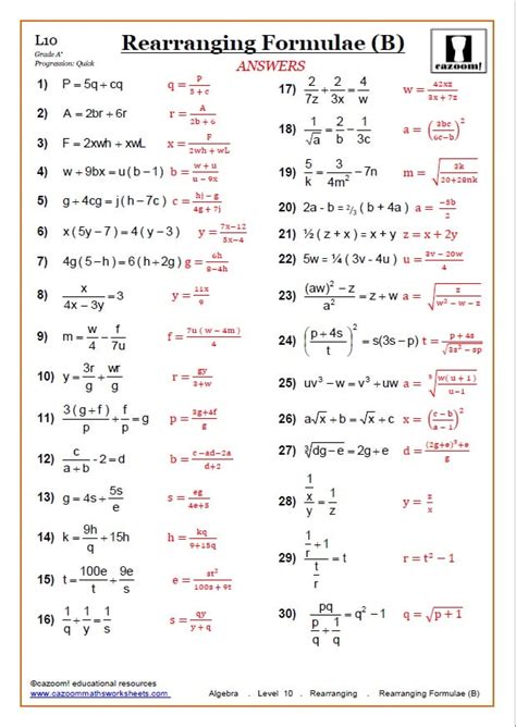 Rearranging Algebraic Equations Worksheet With Answers