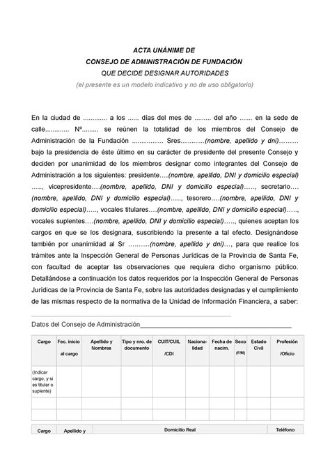 Modelo Acta unánime de designación de autoridades Fundación ACTA