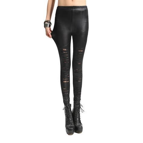 New Women Sexy Leggings Fashion Gothic High Quality Pu Leather Hole Ripped Leggings Pants Gothic