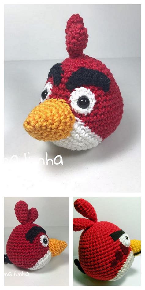 Crocheted Angry Bird With Big Eyes And Tail Is Shown In Three Different