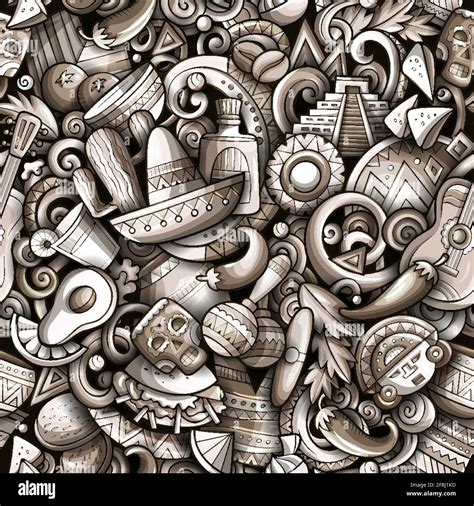 Cartoon Doodles Mexico Seamless Pattern Backdrop With Mexican Culture