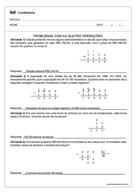 Atividade De Matematica Problemas De Adicao E Multiplicacao Ano E