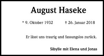 Traueranzeigen Von August Haseke Wirtrauern