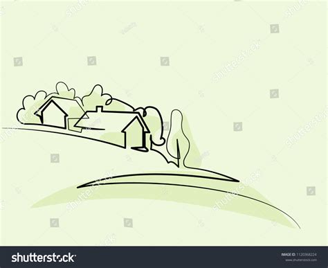 Continuous Line Drawing Landscape Village On Stock Vector Royalty Free