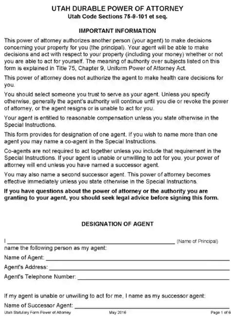 Free Printable Utah Durable Power Of Attorney Form Pdf And Word