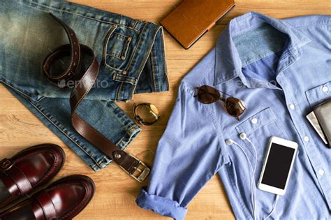 Flat Lay Of Men Casual Fashion Outfits On Wooden Background Stock Photo