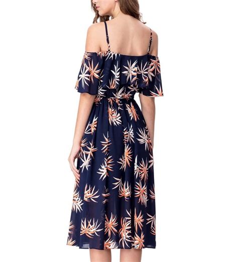 Womens Floral Chiffon Cold Shoulder Summer Spaghetti Strap Midi Dress