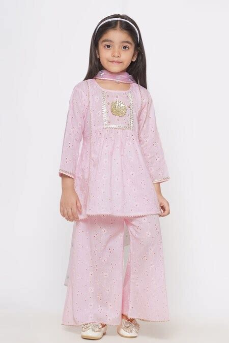 Buy Pink Cotton Embroidered Schiffli Kurta Palazzo Set For Girls By