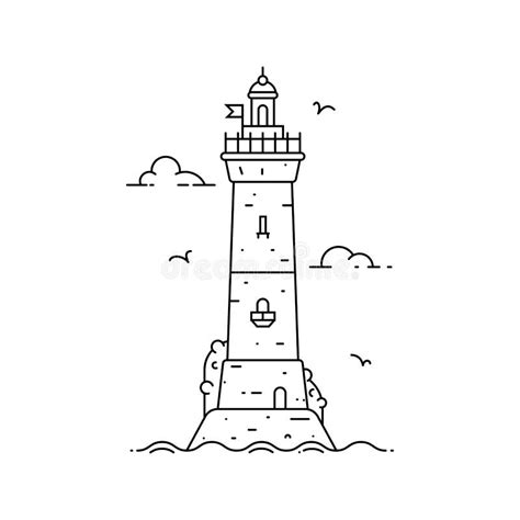Outline Lighthouse On Island In Sea With Clouds And Waves Stock Vector