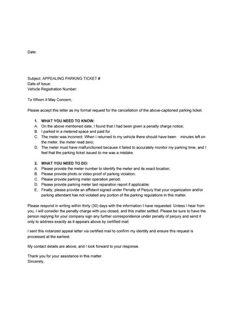 letter sample parking fine parking ticket appeal letter template