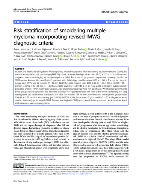 Pdf Risk Stratification Of Smoldering Multiple Myeloma Incorporating