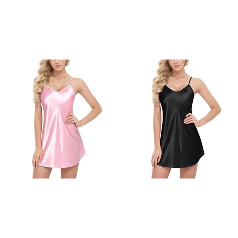 2 Pack Women Cowl Neck Satin Mini Nightdress Silk Underwear Strap Dress Sleepwear Lingerie For