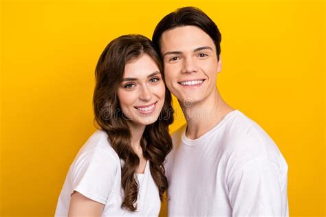 Closeup Portrait Of Positive Smiling Two People Faces Together Touch