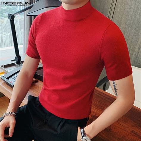 Incerun Mens Fashion Short Sleeve High Neck Plain T Shirts Tops Blouse