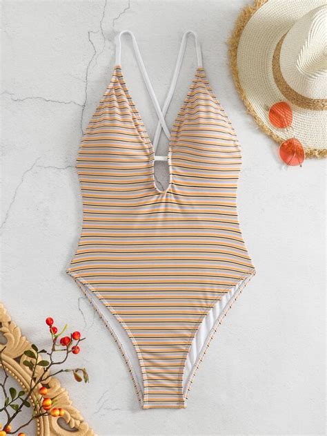 New Arrival Striped Sexy Criss Cross Backless Swimsuit With Deep V Neck And Tie Bikini