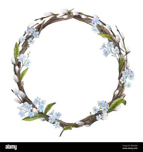 Watercolor Illustration Of A Wreath With Forget Me Nots And Pussy