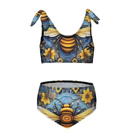 Watercolor Bumblebee Yellow Sunflowers Girl S Piece Bikini Set Beach Sport Swimsuit Swimwear