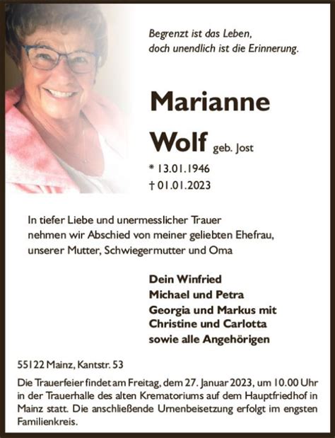 Traueranzeigen Von Marianne Wolf Vrm Trauer De