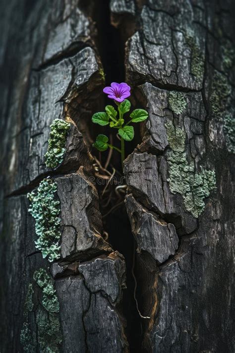 Purple Flower Emerging From Tree Crack Stock Illustration