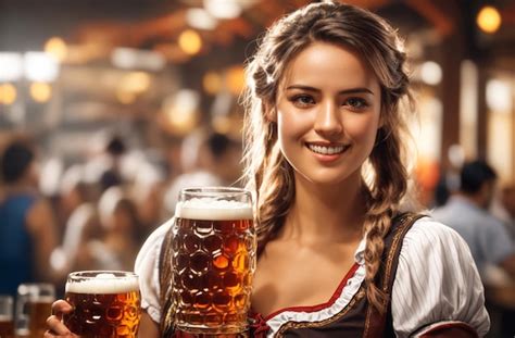 Attractive Blonde Woman At Oktoberfest With Beer Premium AI Generated