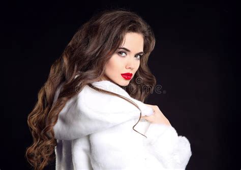 Beautiful Fashion Brunette Woman Portrait In White Fur Coat Attractive Girl Model With Red Lips