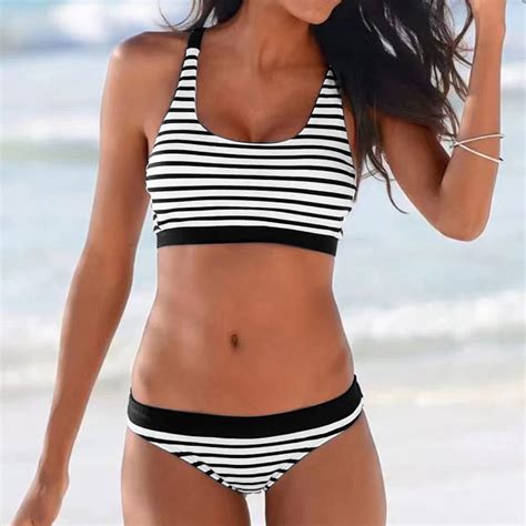 Pcs Women Striped Print Bikini Set Sexy Push Up Swimsuit Vintage Summer Swimwear Retro Ruched