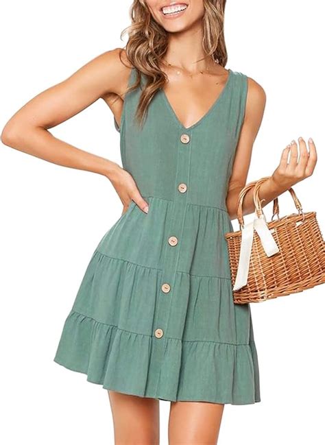 Mitilly Women S Summer Sleeveless V Neck Button Down Casual Pocket Swing Short Dress At Amazon