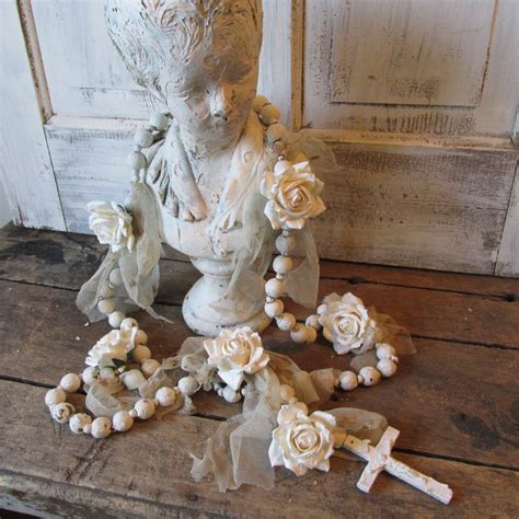 Huge White Rosary Wall Hanging French Nordic Wooden Painted