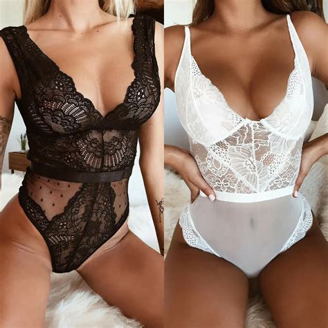 Nova Lingerie Sexy Para Mulheres Roupa De Dormir Body Fino De Renda Chiffon Decote Em