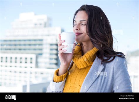 Smiling Beautiful Brunette Drinking Coffee Stock Photo Alamy